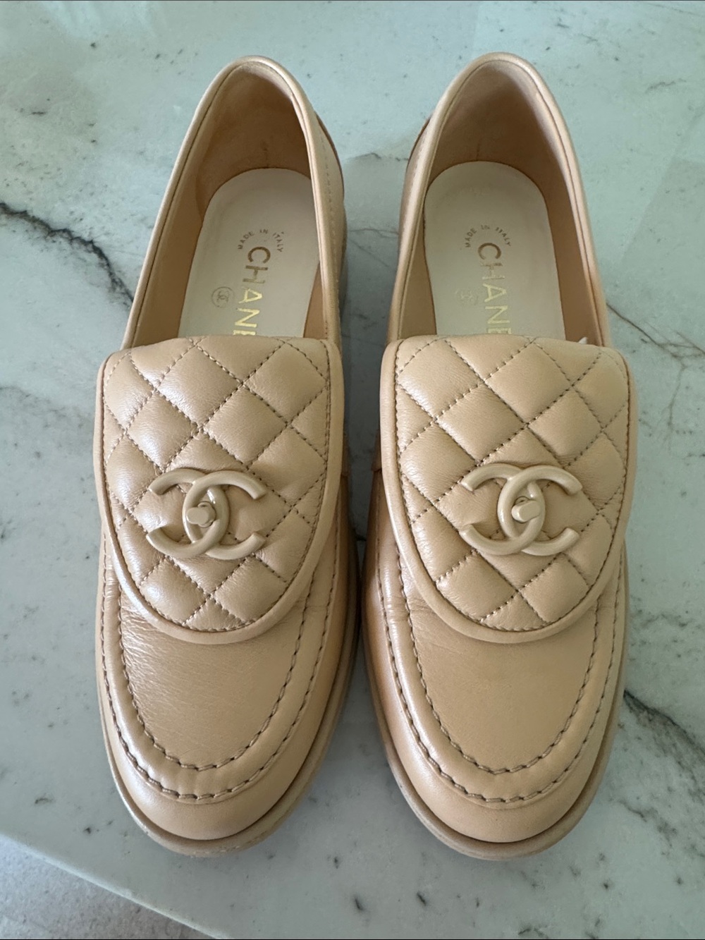 CHANEL Quilted CC Logo Leather Loafers in Nude Beige 39.5